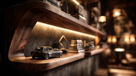A beautifully crafted wooden shelf featuring a model car, illuminated by soft lighting, creates a cozy and elegant atmosphere in interior decor.の素材