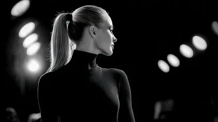 A striking black and white portrait of a fashion model captured in profile with a sleek ponytail, highlighting elegance and modern aesthetics.の素材
