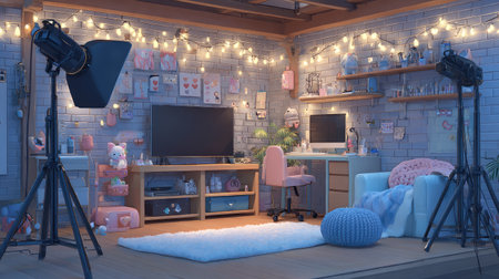 This charming pastel-themed room features soft textures, creative workspace elements, and inviting lighting, perfect for inspiration and relaxation.の素材