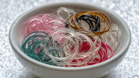 A vibrant assortment of colorful and clear rubber bands elegantly arranged in a shallow white bowl, creating a striking visual effect with a soft focus background.の素材