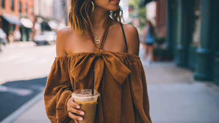 A fashionable young woman enjoys her iced coffee as she strolls through a bustling city street, embodying a carefree summer vibe in a stylish outfit.の素材
