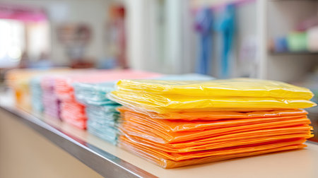 A vibrant assortment of colorfully packaged sheets stacked neatly on a table, showcasing a bright and organized crafting environment perfect for creative projects.の素材