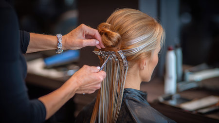 A close-up view of a skilled stylist using scissors to enhance a woman's hair in a contemporary salon setting, showcasing beauty and precision.の素材