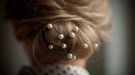 A stunning close-up of a woman's elegant hairstyle featuring pearls, showcasing an intricate updo with soft textures and natural light. Perfect for beauty or fashion themes.の素材