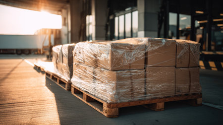 A warm and inviting warehouse scene features stacked boxes on a wooden pallet, wrapped in plastic film, illuminated by the soft light of sunset.の素材
