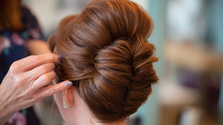 Showcasing a stunning updo hairstyle with intricate braiding and a glossy finish, perfect for hairstyles for weddings and special events.の素材