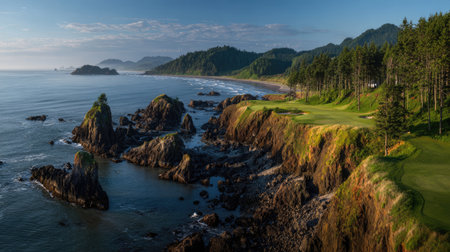 A stunning morning view of a coastal golf course overlooking rocky shores, lush hills, and the serene ocean waves, capturing the essence of nature's beauty.の素材