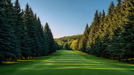 A serene view of a golf course lined with tall pine trees, showcasing lush green grass under a bright blue sky, perfect for relaxation and recreation.の素材