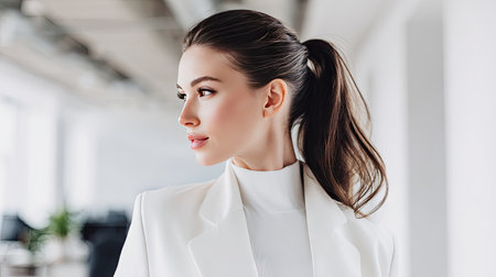 A stunning portrait of an elegant woman in a modern office, showcasing her chic white suit and long hairstyle, exuding professionalism and confidence.の素材