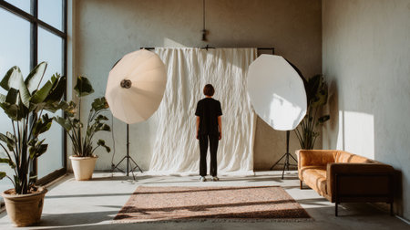 A person stands in a serene photography studio, facing a textured backdrop with soft lighting from windows, creating a calm and artistic atmosphere.の素材