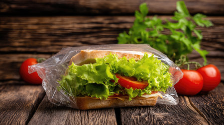 A delicious sandwich wrapped in plastic showcases fresh lettuce and ripe tomato, set on a wooden table, perfect for a healthy meal or snack.の素材