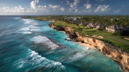 Experience a breathtaking aerial view of a stunning golf course nestled alongside a vibrant turquoise ocean, featuring dramatic cliffs and lush greenery.の素材