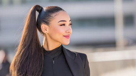 A striking portrait of a young woman with a sleek ponytail, exuding confidence and charm against a vibrant urban backdrop on a sunny day.の素材