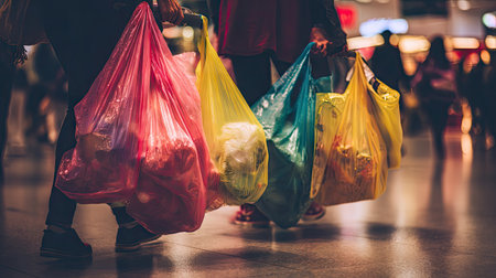 Two individuals carry colorful plastic bags filled with waste in a bustling urban setting during dusk, highlighting the impact of consumer habits on the environment.の素材