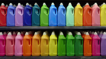 A vibrant arrangement of colorful laundry detergent bottles on a supermarket shelf, showcasing various hues and modern packaging that attract shoppers.の素材