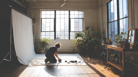 A serene creative workspace featuring bright natural light and lush indoor plants, perfect for artistic photography sessions in an urban setting.の素材