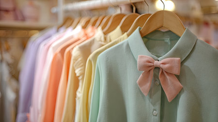 A vibrant array of soft pastel colored shirts hangs elegantly on wooden hangers, featuring a charming bow on a delicate blouse, embodying modern fashion trends.の素材