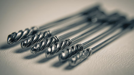 Close-up view of silver metallic sculpting tools featuring twisted handles displayed on a soft background, highlighting craftsmanship and precision.の素材