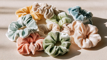 This image showcases a beautiful arrangement of colorful velvet hair scrunchies on a light surface, highlighting textures and soft shadows in natural light.の素材