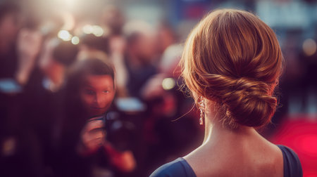 A stunning woman with red hair styled in an elegant updo stands at a glamorous event, as photographers capture her captivating presence amidst bright lights.の素材