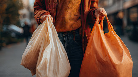 A woman holds two plastic grocery bags while walking in an urban environment. The bags are white and orange, contrasting with her casual attire. This image captures everyday shopping activities amidst a vibrant city backdrop.の素材
