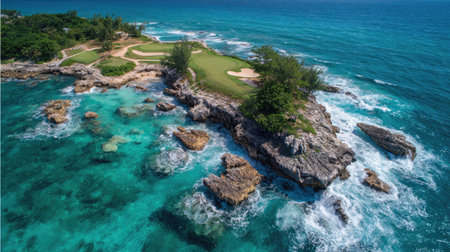 Discover a breathtaking aerial view of a golf course nestled on a rocky coastline, surrounded by clear turquoise waters and lush greenery. Ideal for travel and nature themes.の素材