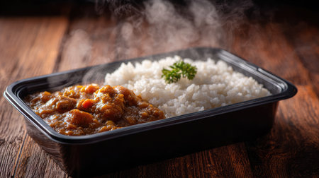 A steaming plate of freshly prepared rice paired with savory curry fills a black plastic container, resting on a rustic wooden table. Ideal for meal prep.の素材