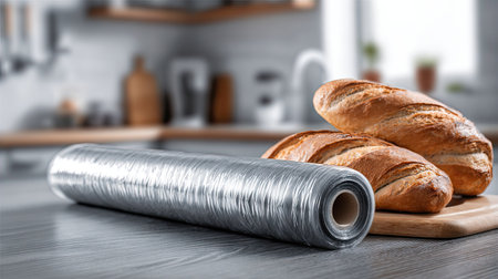 This image showcases a roll of food wrap next to fresh baked bread in a modern kitchen setting, emphasizing food preparation and storage techniques.の素材