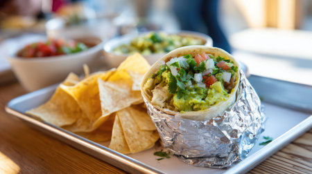 A delicious burrito wrapped in foil sits alongside crispy tortilla chips and dips on a rustic wooden table, showcasing vibrant ingredients and flavors.の素材