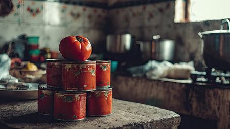 A vibrant fresh tomato rests on a stack of canned tomatoes in a rustic kitchen, showcasing simplicity and natural beauty in food preparation.の素材