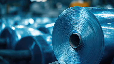 A detailed close-up view of a blue plastic film roll located in a manufacturing setting, showcasing industrial equipment and materials.の素材