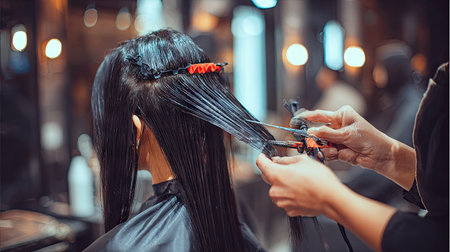 This captivating image showcases a skilled hair stylist cutting long black hair in a chic salon, featuring elegant decor and inviting ambiance.の素材