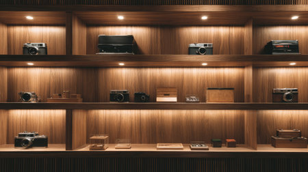 A curated display of vintage cameras on wooden shelves enhances a modern interior. The warm lighting creates an inviting atmosphere, perfect for photography lovers.の素材