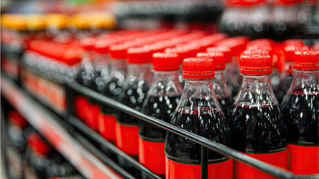 A vibrant display of carbonated beverage bottles awaits in a grocery store aisle, showcasing enticing red caps and labels, perfect for thirsty consumers.の素材