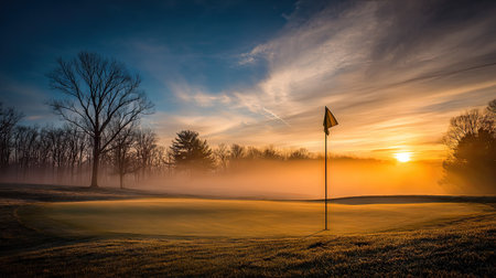 A peaceful view of a golf course at sunrise, enveloped in fog with a colorful sky, capturing the serenity and beauty of a tranquil morning.の素材