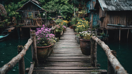 A serene wooden pathway adorned with colorful flower pots invites exploration in a tranquil village setting by calm water. Perfect for nature lovers.の素材