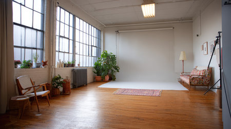 A bright and spacious photography studio featuring large windows, minimalistic decor, plants, and inviting atmosphere perfect for creative projects.の素材