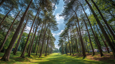 Captivating view of a serene golf course enveloped by towering pine trees. The bright blue sky and fluffy clouds enhance the tranquility of nature, inviting recreational activities.の素材