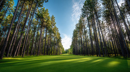 Explore a serene golf course framed by tall pine trees under a bright blue sky, inviting relaxation and outdoor activities in a tranquil environment.の素材