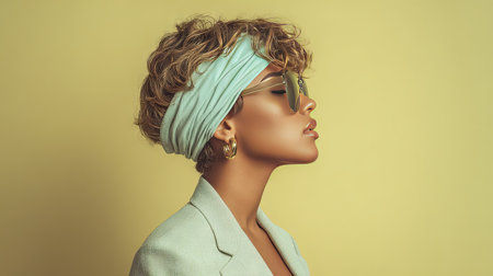 This image features a stylish young woman with curly hair, wearing sunglasses and a headband, set against a bright yellow background, showcasing modern fashion trends and beauty.の素材