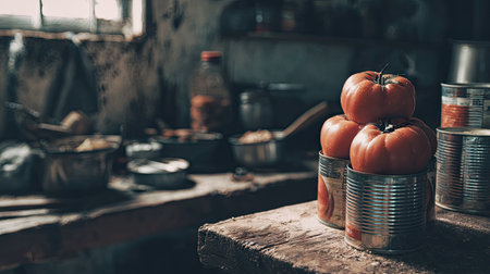 A charming rustic kitchen scene featuring fresh tomatoes stacked in cans on a weathered wooden table. The soft dim lighting creates a cozy atmosphere surrounded by cooking utensils and vintage kitchenware, emphasizing the beauty of home food preparation.の素材