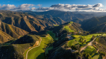 Experience a breathtaking aerial view of a vibrant green golf course surrounded by majestic mountains, under a bright blue sky with soft clouds.の素材