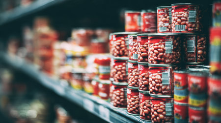 A vibrant display of red bean cans stacked neatly on a grocery store shelf. The out-of-focus background highlights the product's importance in a retail environment.の素材