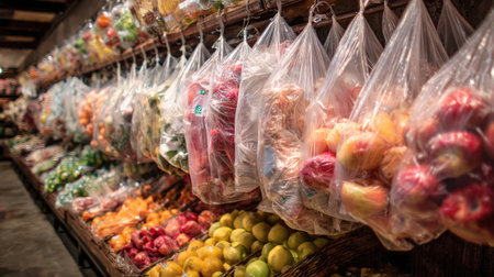 A vibrant market display showcasing assorted fresh fruits and vegetables arranged in plastic bags. The colorful produce invites healthy eating choices and shopping vibrancy.の素材
