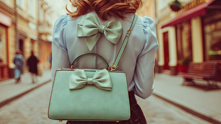 A fashionable woman is seen walking in a charming street while showcasing a mint handbag adorned with bows. The soft color palette enhances her stylish outfit in an urban setting.の素材