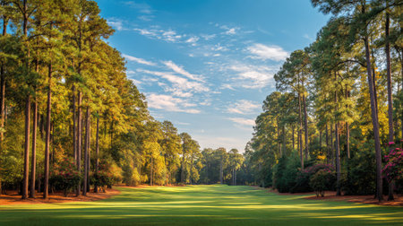 A stunning view of a serene golf course enveloped by tall pine trees under a clear blue sky, perfect for outdoor recreation and relaxation.の素材