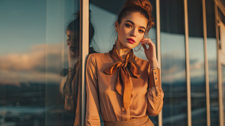 A stunning portrait of a fashionable woman posing by a window, illuminated by warm golden hour light, showcasing elegance and modern style.の素材