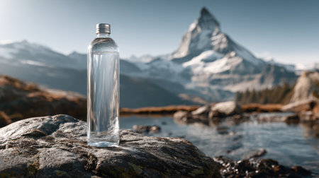 A clear water bottle stands prominently on a rocky surface with a stunning mountain backdrop. The scene captures nature's beauty and tranquility, perfect for promoting hydration and adventure.の素材