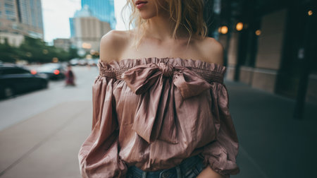 A stylish woman showcases an elegant off-shoulder blouse with a bow detail, walking confidently in a bustling urban environment. Modern buildings surround her.の素材