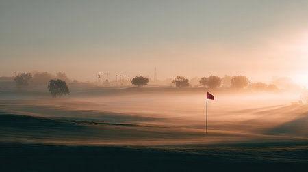 A breathtaking view of a golf course at sunrise, featuring a red flag standing amidst gentle mist, silhouetting trees and rolling hills in a tranquil setting.の素材